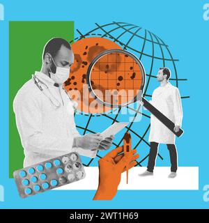 Two med, doctors, scientists making medical researches for illness treatment cures. Epidemiological studies. Contemporary art collage. Stock Photo
