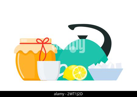 Tea collection, honey and lemon. Breakfast time composition. Vector illustration Stock Vector