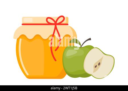 Honey in a transparent glass Jar and green apple. Vector image for selling honey, bee products Stock Vector