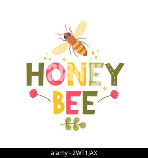 Honey bee. Lettering background with honey bee and calligraphic letters. Vector illustration for honey bee farming business Stock Vector