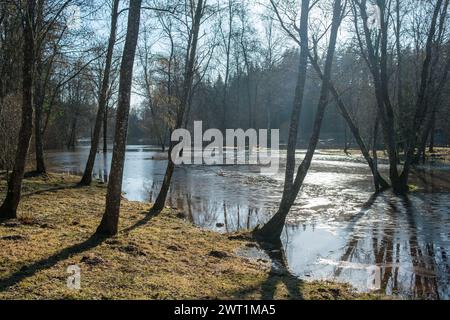 A scene of chaos unfolds as the Gauja River overflows, inundating the camping site in Cesis with floodwaters, a reminder of nature's raw power Stock Photo