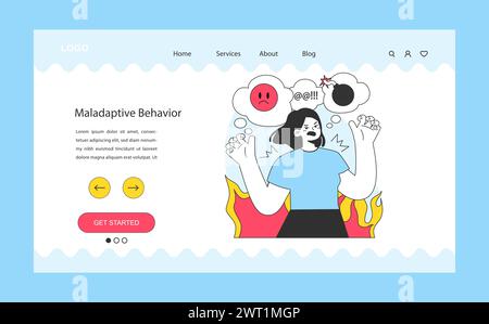 Maladaptive behavior web banner or landing page. Neurosis, chronic stress and anxiety mental disorder. Angry furious cursing woman expressing negative emotions., Flat vector illustration Stock Vector