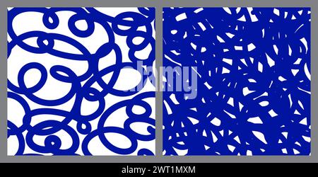 Seamless pattern set with abstract free curlicue lines in blue pen colors. Bold wavy handwriting Lines. Abstract Squiggle print. Naive playful background. Doodle drawing, Vector illustration. Stock Vector