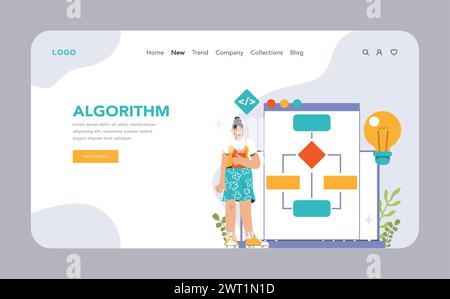 Algorithm flat landing page website template. Neural interface, robotic ...