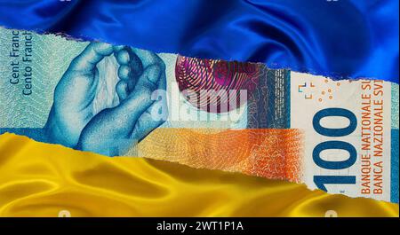 100 Swiss franc banknote and Ukrainian national flag for design purpose Stock Photo