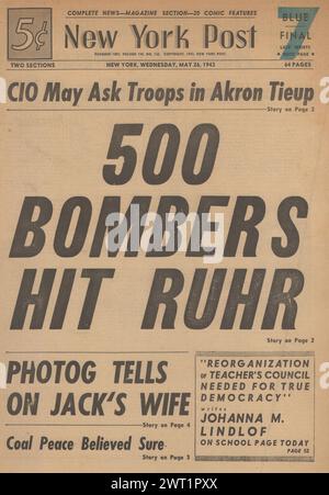 1943 New York Post front page reporting RAF bomb Frankfurt Stock Photo ...