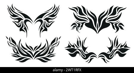 Vector set of y2k style neo tribal tattoos set, wings, fire flame silhouettes, grunge metal illustrations, butterflies. Stock Vector
