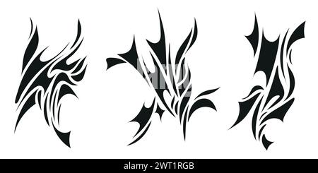 Vector set of y2k style neo tribal tattoos set, silhouettes, grunge metal illustrations. Metal, rock, punk aesthetic. Stock Vector
