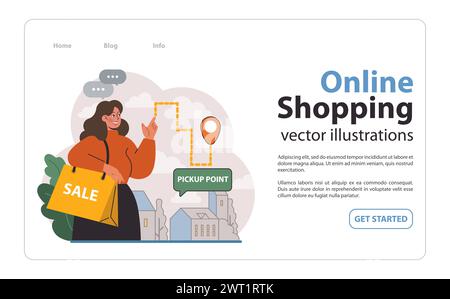 Online shopping web banner or landing page. Female customer receiving parcel at pick-up point. Woman with purchased goods on a marketplace. Shipping or delivery service. Flat vector illustration Stock Vector