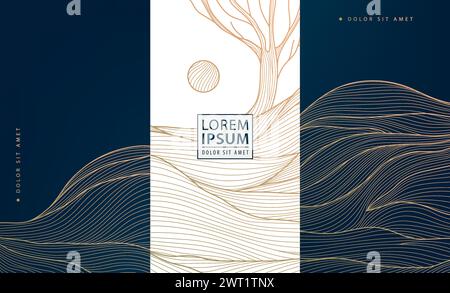 Vector set of abstract art line landscape with hills, tree and sun. Japanese style luxury pattern, nature asian wave illustration, tags, covers Stock Vector