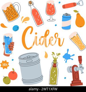 Fruit cider set. Cans, glasses, mugs, metal keg, bottle opener, tap, fruits. Hand drawn craft fruit beer collection. Cider process production. Stock Vector