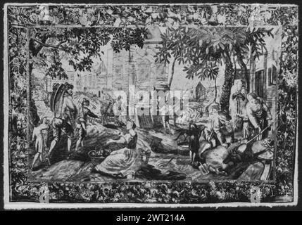Pig slaughtering. unknown c. 1690-1710 Tapestry Materials/Techniques: unknown Culture: Flemish Weaving Center: Antwerp In open space before manor, various groups of figures, including man carrying load & turning towards onlooker (L, foreground), seated maid with fruit filled basket (L of center), man killing pig next to boy & woman holding out bowl on long handle to catch blood (R); before inn, man with cow (L of center, middle ground), & man conversing with maid (R of center); houses & figures visible in background (BRD) garland of flowers & fruits interspersed with dogs & other animals Stock Photo