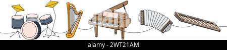 Classical musical instruments. Drum kit, lyre, wooden harp, grand piano, accordion, synthesizer piano continuous one line illustration. Stock Vector