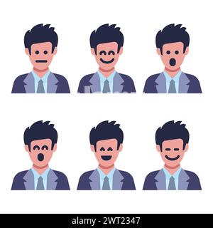 Set of six men with different facial emotions. Human face with  emoji character. Vector illustration Stock Vector