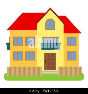 Private house with a red roof and yellow walls on a white background. Vector illustration. Stock Vector