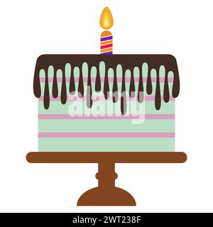 Sweet birthday cake with burning candle. Colorful holiday dessert. Vector celebration background. Stock Vector