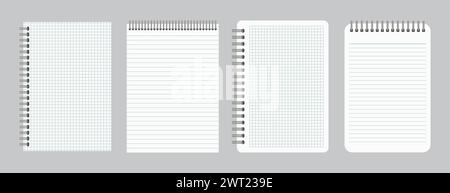 Notepads with empty lined and checkered paper with binder iron spiral. Set of four notebooks sheets. Vector illustration Stock Vector