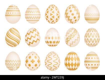 Set of Fifteen Easter eggs with gold texture on a white background. Vector illustration Stock Vector
