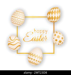 Gold Easter eggs around gold frame and inscription Happy Easter. Holiday background template. Greeting Card. Vector illustration Stock Vector
