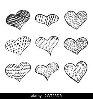 Set of nine Sketch Scribble Hearts. Hand drawn Pencil Scribble Hearts. Vector illustration Stock Vector