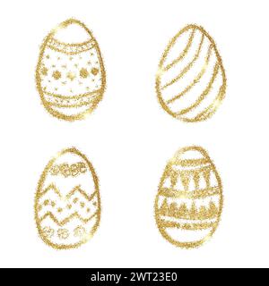 Set of Four Hand Drawn Easter Eggs with Gold Glitter Effect on a white background. Vector illustration Stock Vector