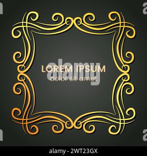 A square golden monogram element on a dark background. Vector illustration. Stock Vector