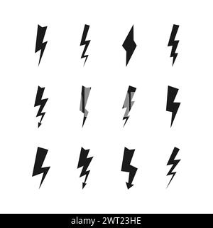 Set of twelve dark thunderstorms. Thunderbolt and high voltage black icons on white background. Vector illustration. Stock Vector