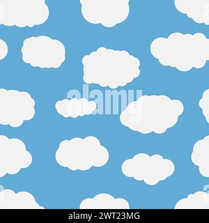 Seamless background with blue sky and white cartoon clouds. Vector illustration. Stock Vector