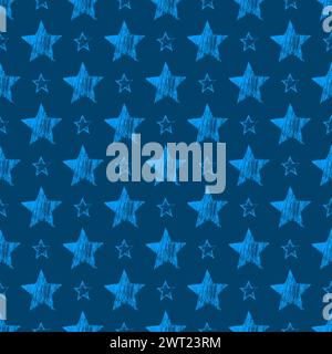 Seamless Pattern with hand drawn blue Stars on blue background. Abstract grunge texture. Vector illustration Stock Vector