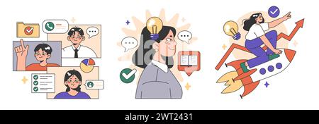 Training workshop set. Interactive training process. Professional development. Increasing of business competences and skills. Flat vector illustration Stock Vector