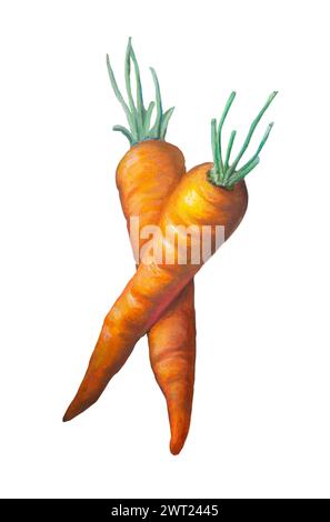 Painting of two carrots over a dark background. Oil pastels on paper. Stock Photo
