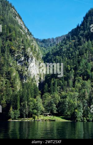 Boat landing and rest station at base of Mt Jenner, a famous Alpine peak above the Königssee (King's Lake) in the Bavarian Alps. Stock Photo