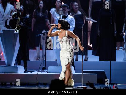 RAYE performing live at the 2024 BRIT awards ceremony, O2 Arena, London ...