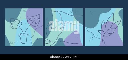 Set of abstract minimalistic templates with woman face and plants. Vector illustration Stock Vector