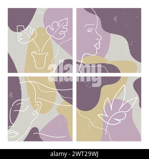 Set of abstract minimalistic templates with woman face outline and plants. Vector illustration Stock Vector