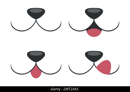 Set of smiling animal faces with closed and opened mouth. Nose, smile and tongue. Vector illustration in cartoon style Stock Vector