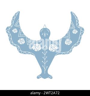 Hand drawn dove silhouette decorated with white ornament and floral arrangement. Bird drawing in boho style. Vector illustration Stock Vector