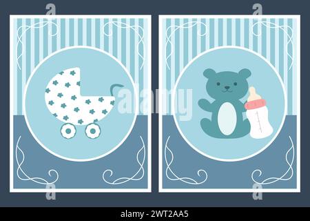Template cards with baby carriage and teddy bear for boy. For baby shower or greeting card. Vector illustration Stock Vector