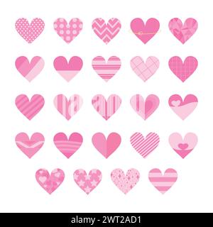 Pink heart icon collection with various patterns. Dots, stripes and various ornaments. Decoration elements for greeting and love cards. Vector illustr Stock Vector