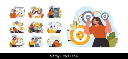 Hyperfocus set. Focus and concentration skill. Self-discipline and time management. Organization for performance efficiency. Flat vector illustration Stock Vector
