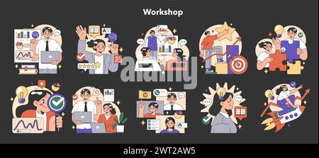 Training workshop night or dark mode set. Interactive training process. Professional development. Increasing of business competences and skills. Flat vector illustration Stock Vector
