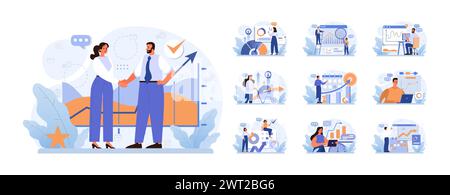 Business processes optimization set. Productive employee analyzing marketing and management data. Performance tracking, business development and growth. Flat vector illustration Stock Vector