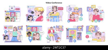 Video Conference set. Engaging online interactions with diverse characters. Recording sessions, live streams, multimedia tools. Playful virtual meetings, colorful chats. Flat vector illustration Stock Vector