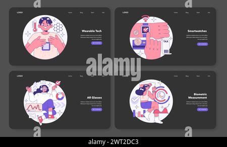 Wearable technology web banner or landing page night or dark mode set. Character using electronic smart device to monitor and analyze data. Smartwatches or smartglasses. Flat vector illustration Stock Vector