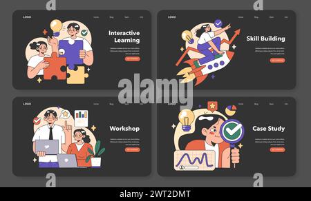 Training workshop web banner or landing page night or dark mode set. Interactive training process. Professional development. Increasing of business competences and skills. Flat vector illustration Stock Vector