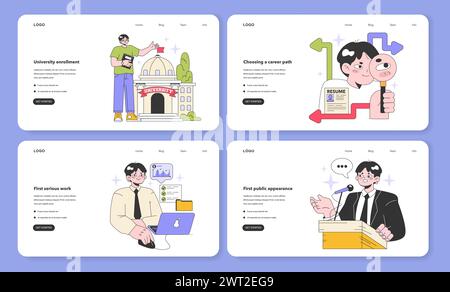 Youth and adulthood years web banner or landing page set. Life milestones. Young male character getting old and gain new experience. Flat vector illustration Stock Vector