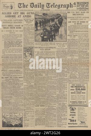 1944 Daily Telegraph front page reporting Allied landings at Anzio and US Air Force bomb Braunschweig Stock Photo