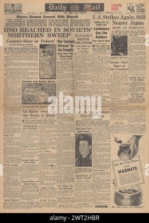 1944 Daily Mail front page reporting Allies bomb Germany, US Air Force attack Marianas, London air raid and Red Army reach Dno Stock Photo