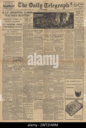 1944 Daily Telegraph front page reporting US Air Force bomb Berlin, RAF drop new bomb on German occupied France, riots in Milan and battle for Anzio Stock Photo