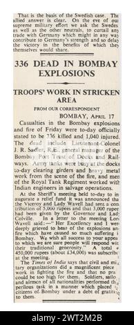 1944 The Times reporting Explosion in Bombay aboard SS Fort Stikine Stock Photo